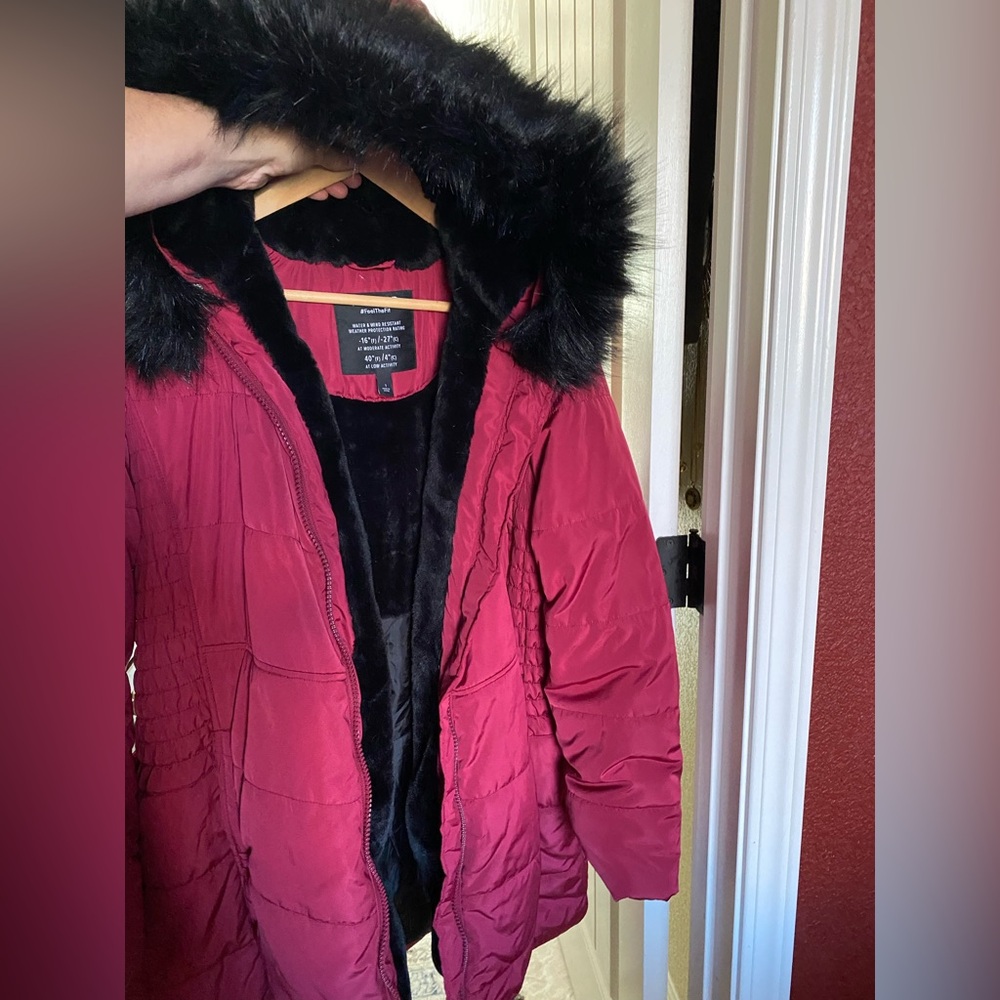 Torrid Red Puffer Jacket with Black Faux Fur Trim